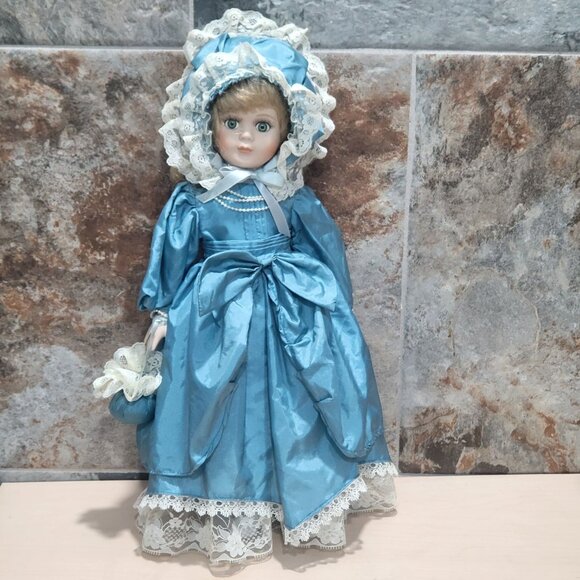VTG Porcelain Doll Green Eyes Blue Satin Dress White Lace Trim Matching Bonnet